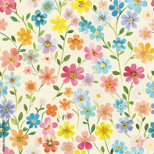 Cheerful and bright floral pattern featuring a variety of small  colorful flowers  perfect for springtime wallpapers and fabrics.