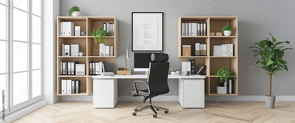 Modern Home Office Space with White Desk and Black Ergonomic Chair 💻 Natural Wood Bookshelves and Minimalist Wall Art Modern Home Office Space with White Desk and Black Ergonomic Chair 💻 Natural Wood Bookshelves and Minimalist Wall Art