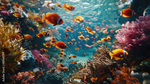 An enchanting underwater landscape with schools of colorful fish darting through a healthy coral reef  highlighting the biodiversity and wonder of marine ecosystems on World Reef Awareness Day.