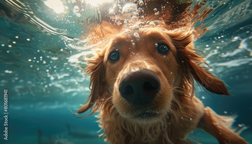 Underwater shot of a dog swimming, viewed from beneath the water's surface. The dog's face shows joy and playfulness as it looks at the camera. Sunlight penetrates the water, illuminating the fur and