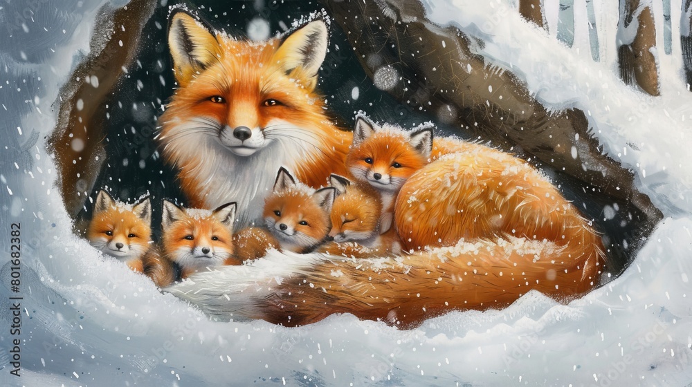 Obraz premium An enchanting scene of a fox and her cubs snuggled in a snowy den, their vibrant coats contrasting against the pristine white snow, symbolizing warmth in the heart of winter.