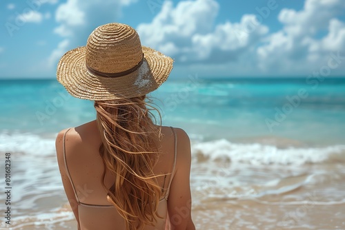 Woman relaxing at beach from behind, professional grading color