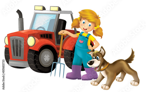 cartoon scene with farmer girl standing with pitchfork and farm animal isolated background illustation for children