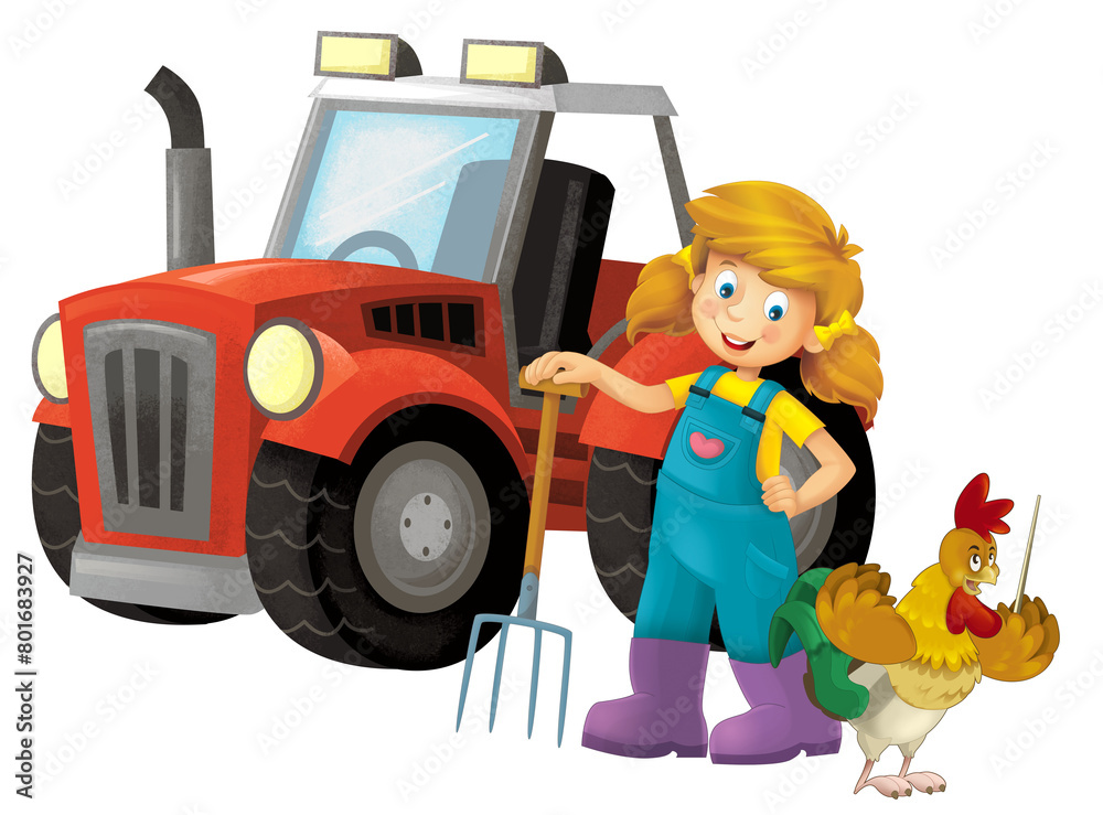 cartoon scene with farmer girl standing with pitchfork and farm animal rooster chicken bird isolated background illustation for children cartoon scene with farmer girl standing with pitchfork and farm animal rooster chicken bird isolated background illustation for children