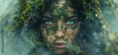 Mystical Forest Nymph, Young Woman with Green Moss Face Paint