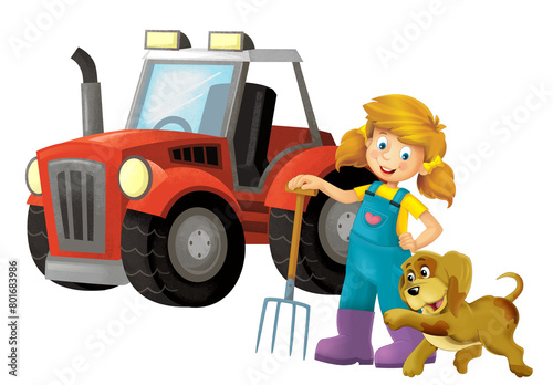 cartoon scene with farmer girl standing with pitchfork and farm animal isolated background illustation for children