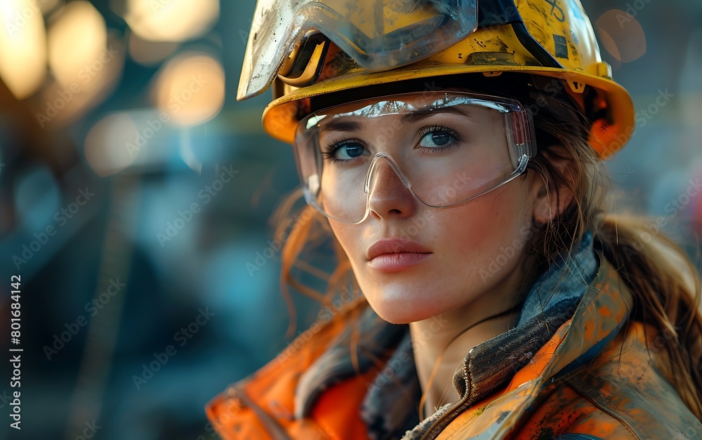 Showing a female worker amidst urban transformation, wearing her safety gear Showing a female worker amidst urban transformation, wearing her safety gear
