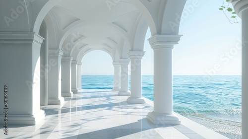 Balcony of a fabulous palace in classical style with a view of the sea landscape. AI generated photo