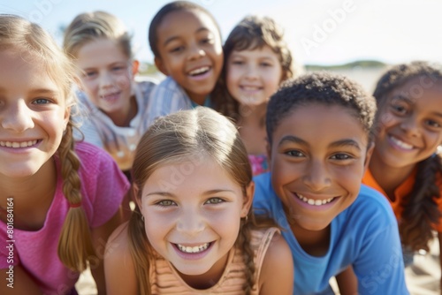 Portrait of smiling children looking at camera on sunny day in park