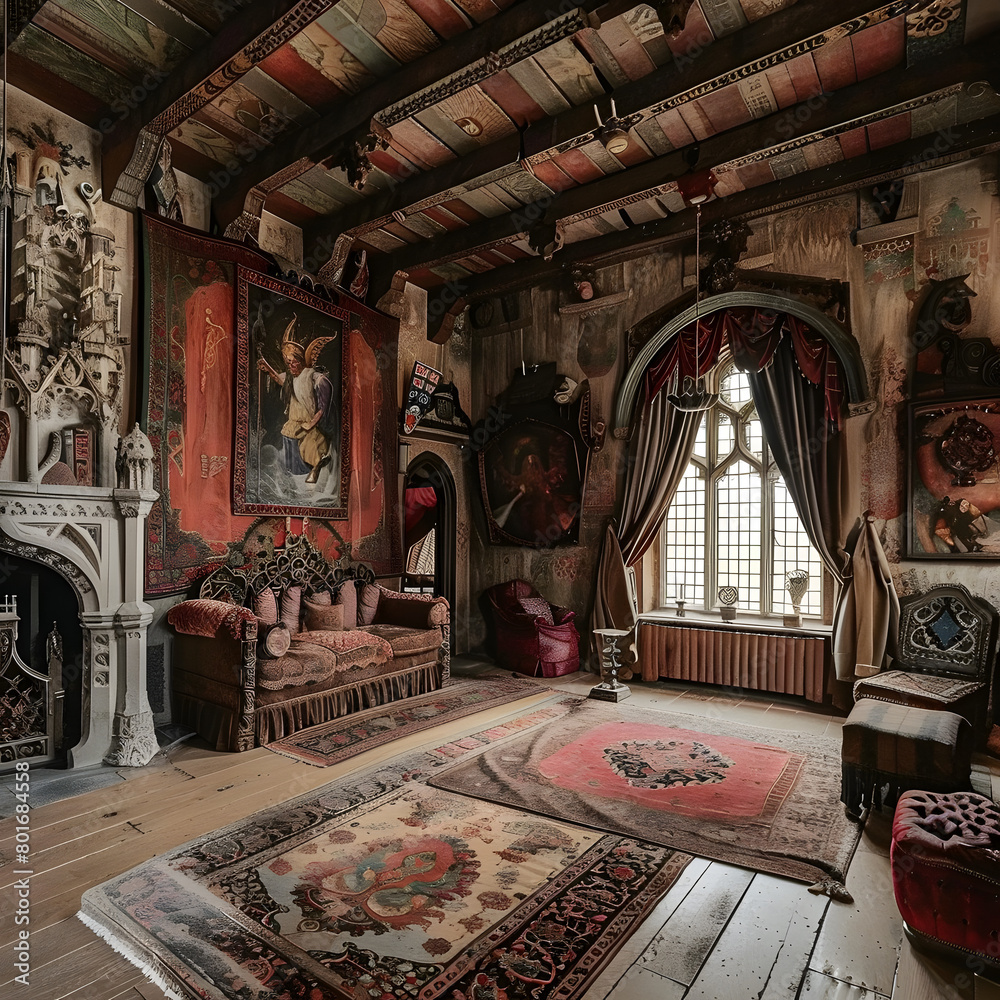 Obraz premium old room full of paintings and fireplace