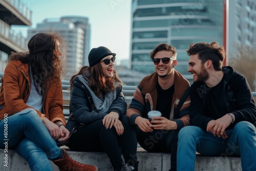 Group of young people sitting on a bench in the city and drinking coffee.