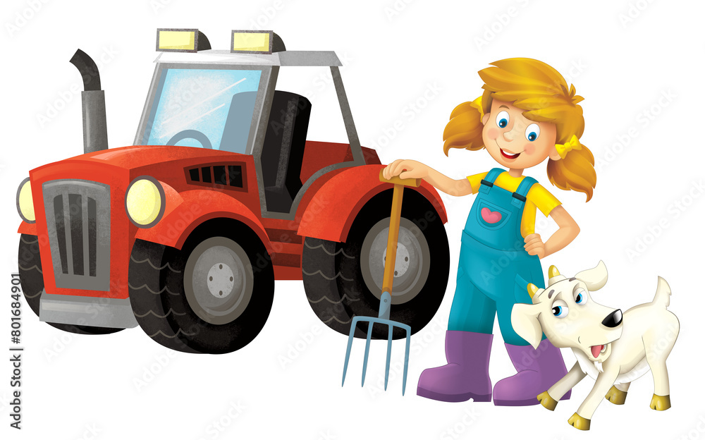 cartoon scene with farmer girl standing with pitchfork and farm animal goat isolated background illustation for children cartoon scene with farmer girl standing with pitchfork and farm animal goat isolated background illustation for children