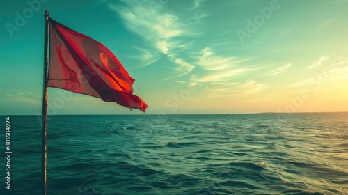 A vibrant red flag flutters under a cumulus cloud in the electric blue sky amidst the vast expanse of liquid water  signaling a warning to travelers of potential danger ahead AIG50