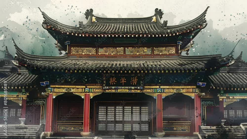 Animation old chinese temple in the morning. seamless video background. Animation old chinese temple in the morning. seamless video background.
