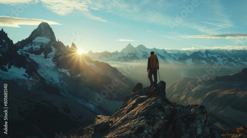 A backpacker standing on top of the mountain, overlooking vast landscapes with rivers and lakes in front, wearing hiking , a bright yellow jacket and blue pants, carrying outdoor equipment with a dete photo