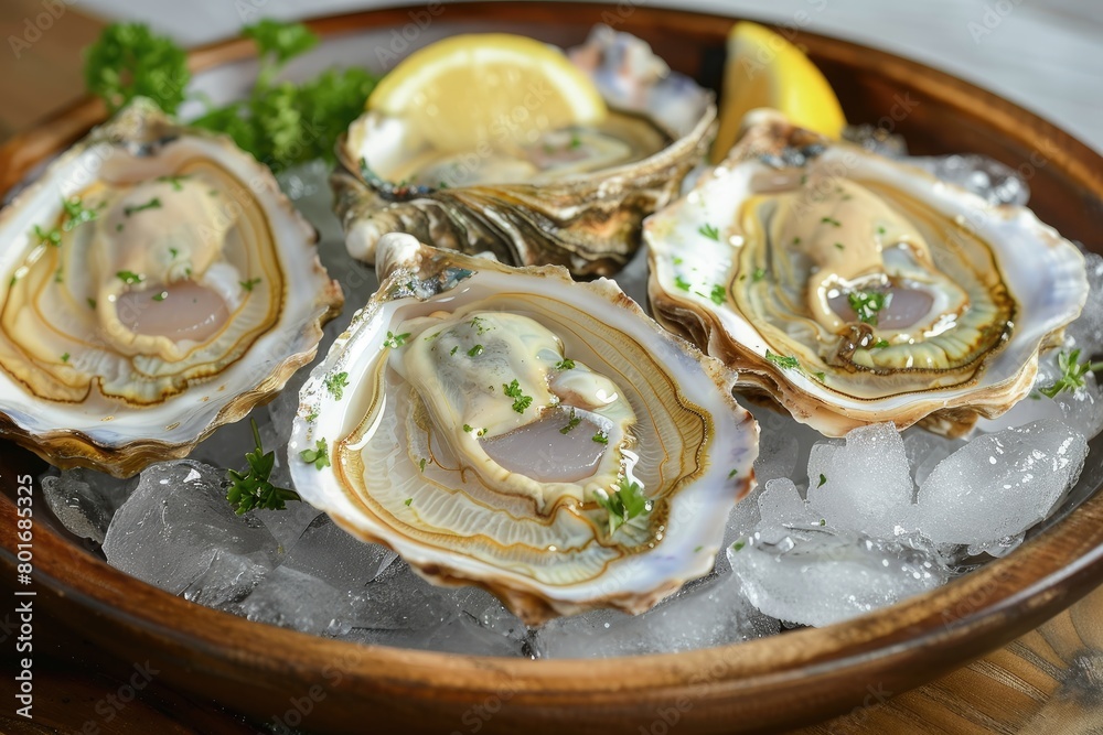 A plate of oysters with lemon wedges and parsley. The plate is on ice and the oysters are cut in half