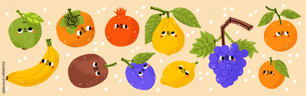 Fruits icons set: lemon, orange, apple, kiwi, grapes, pomegranate. Hand-drawn cartoon doodle in simple naive style. Cute fruit with eyes on a white background. All elements are isolated Fruits icons set: lemon, orange, apple, kiwi, grapes, pomegranate. Hand-drawn cartoon doodle in simple naive style. Cute fruit with eyes on a white background. All elements are isolated