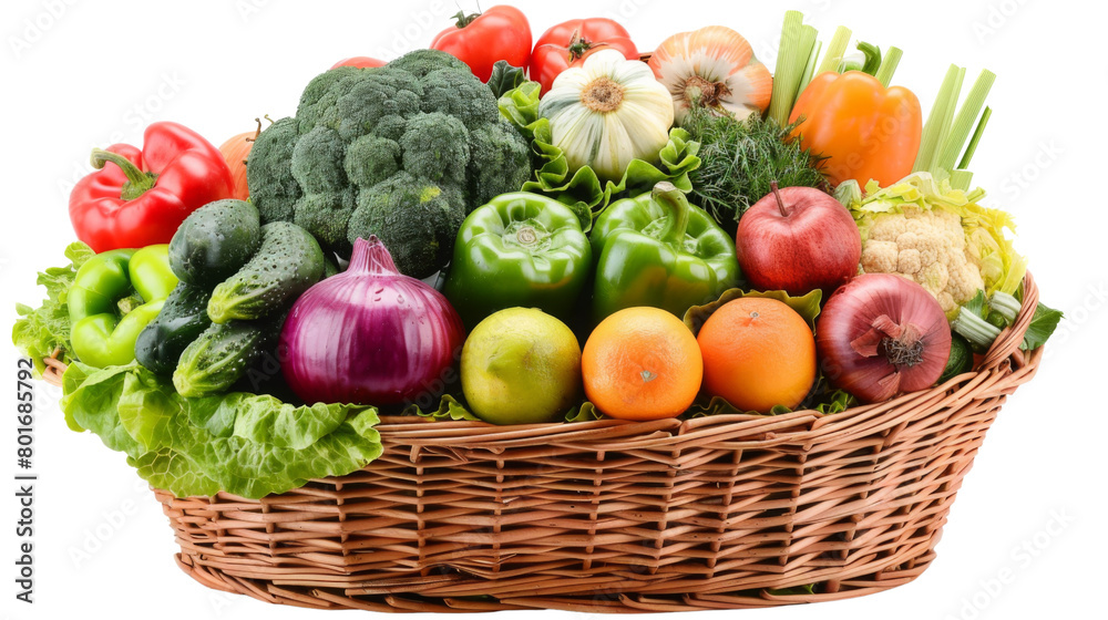 Organic vegetables and fruits in wicker basket Organic vegetables and fruits in wicker basket