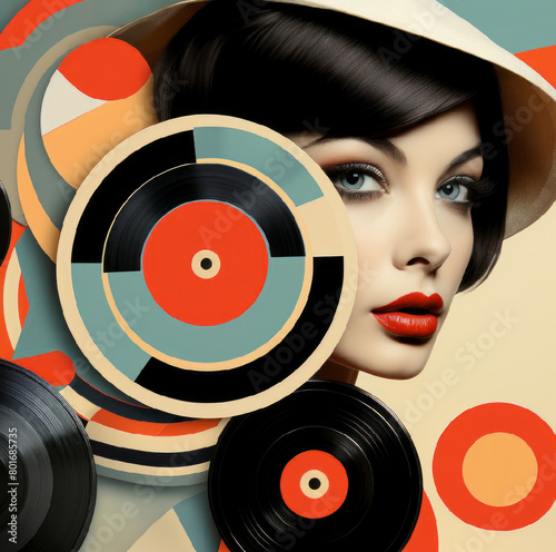 Stylish young woman in vintage hat surrounded by abstract vinyl records. Retro artwork background © LiliGraphie