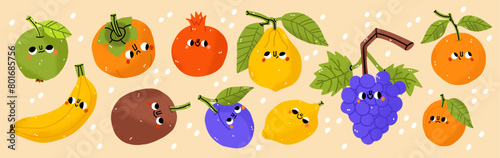 Fruits icons set: lemon, orange, apple, kiwi, grapes, pomegranate. Hand-drawn cartoon doodle in simple naive style. Cute fruit with eyes on a white background. All elements are isolated