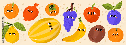 Fruits icons set: lemon, orange, apple, kiwi, grapes, pomegranate. Hand-drawn cartoon doodle in simple naive style. Cute fruit with eyes on a white background. All elements are isolated