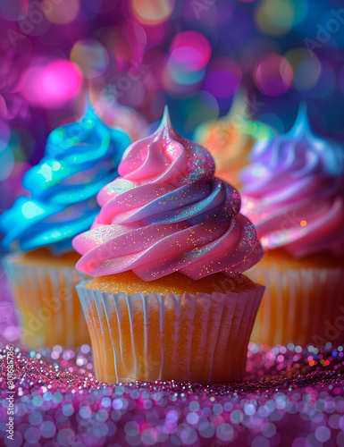 Colorful shining birthday cupcakes photo