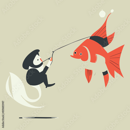 an illustration of a fairy tale where a fisherman caught a goldfish, vector illustration flat 2