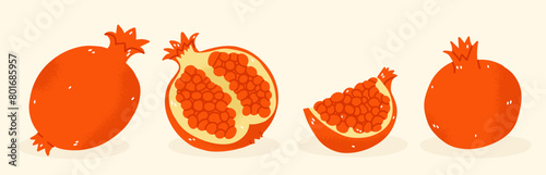 Pomegranate set vector illustration. Cartoon isolated summer red fruit , whole and half. Colored exotic pomegranate fruit. Hand draw Funny Retro vintage trendy style  cartoon character.