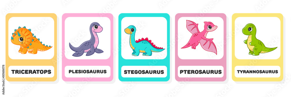 Cute cartoon dinosaurs. A set of cards for training. Cute cartoon dinosaurs. A set of cards for training.