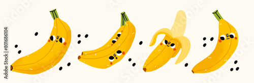  Cartoon bananas with faces. Cute modern childish drawing style vector illustration of fruits. Isolated on white background. Kawaii, doodle illustration. Bananas with different emotions