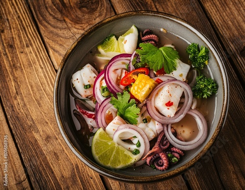  TIGELA DE CEVICHE SIMPLES DE PEIXE BRANCO EM UM CONCEITO DE CULINÁRIA PERUANA photo