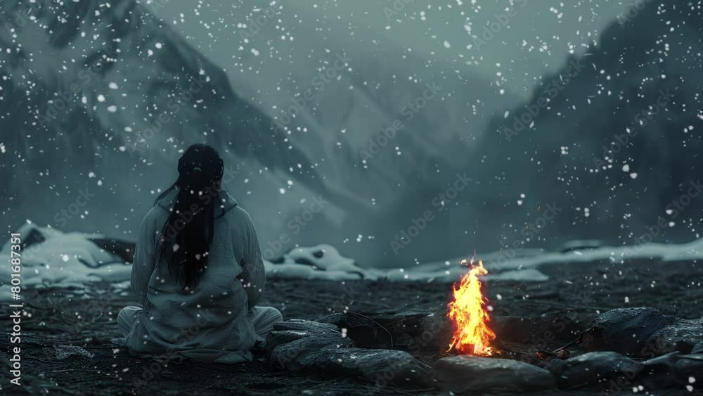 warriors meditating beside a campfire, snowfall in the Himalayan mountains. warriors meditating beside a campfire, snowfall in the Himalayan mountains.