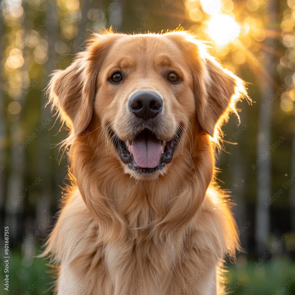 Joyful Golden Retriever Smiling in Sunlit Forest - Capturing the Happy Expression and Warm Glow of Evening Light Joyful Golden Retriever Smiling in Sunlit Forest - Capturing the Happy Expression and Warm Glow of Evening Light