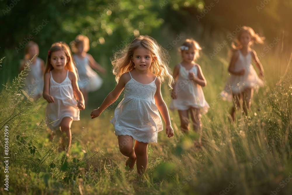 Group of children running on the meadow in summer sunset light. Group of children running on the meadow in summer sunset light.