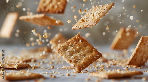 Crispy crackers dynamically flying in the air on a simple light background with blur. Whole grain crispy bread with pumpkin, sunflower, chia seeds, flax and sesame. Healthy snack. Bioorganic dietary p photo