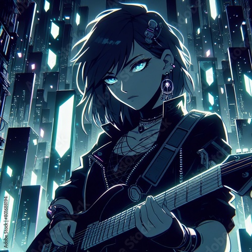 Anime girl with a guitar in front of a city background