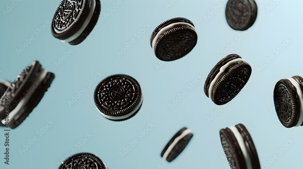 A row of many flying perfect colorful black Oreo cookies with white milk filling on a light blue background. Dynamic studio shot, advertising concept A row of many flying perfect colorful black Oreo cookies with white milk filling on a light blue background. Dynamic studio shot, advertising concept
