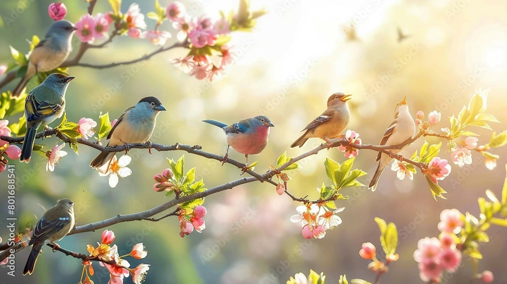 Birds on the branches with spring flowers Birds on the branches with spring flowers