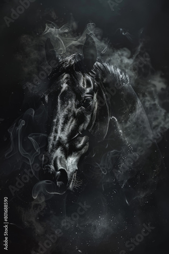 Beautiful black horse head with smoke and splashes of paint on dark background, abstract grunge design concept © Ikhou