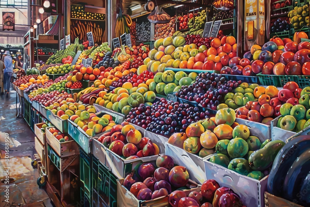 A colorful and vibrant image of a fruit market