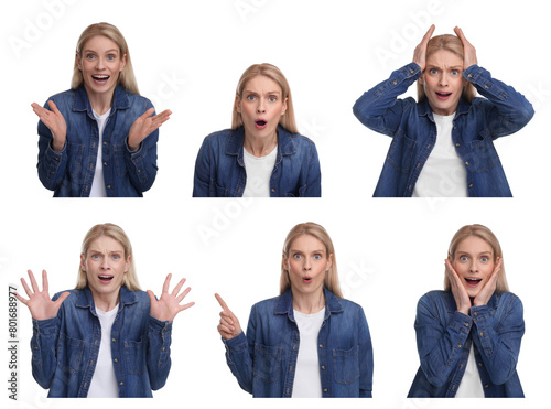 Surprised woman on white background, collage of photos photo