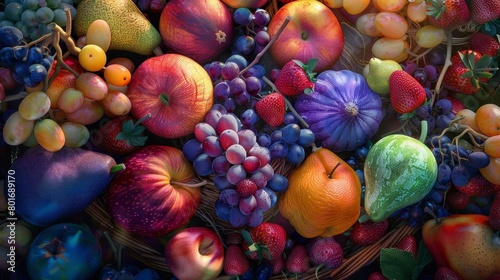 A variety of fruits, including apples, grapes, pears, and berries, are arranged in a colorful and visually appealing way.
