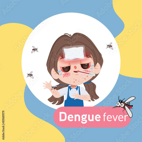 Dengue fever. Girl high fever and a red rash on her arms. children bitten by mosquitoes, Zika virus ,malaria or yellow fever.