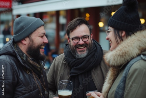 Group of friends having fun and drinking beer on a winter day.