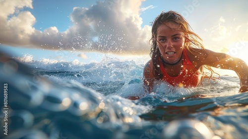 Wave rider's essence: portrait of a woman surfing - depicting the beauty and determination of a woman immersed in the exhilarating world of surfing, embracing thrill of the sea and her own strength.