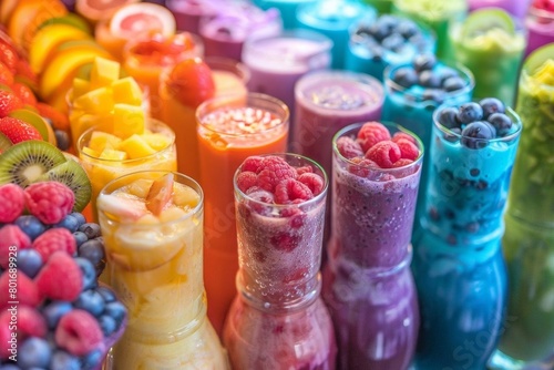 Capture a vibrant, tilted angle view of a rainbow-hued array of fruit smoothies, showcasing the blend of colors and textures with a whimsical touch photo
