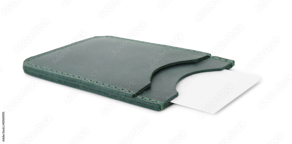 Leather business card holder with card isolated on white Leather business card holder with card isolated on white