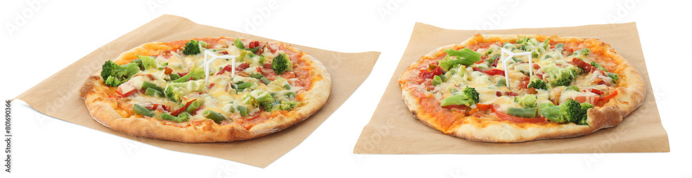 Delicious vegetarian pizza isolated on white, collage Delicious vegetarian pizza isolated on white, collage