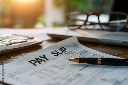 Pay slip placed on an office table