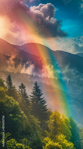 A breathtaking scene of a vibrant rainbow arching over misty mountains and lush forest under a dramatic sky with sunlit clouds. © Ritthichai